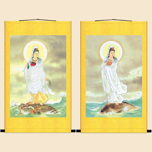 高档鳌头观音菩萨画像 鱼背观世音佛像画 复古佛堂装饰卷轴挂画