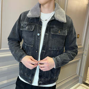 lx羊羔毛领冬季加绒牛仔外套男宽松夹克复古夹克冬天大码保暖上衣