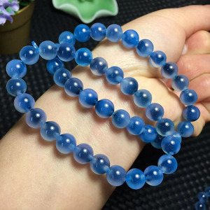 尾货处理 天然蓝糖心玛瑙圆珠手链 女款水晶手串礼物蓝沁冰透水润