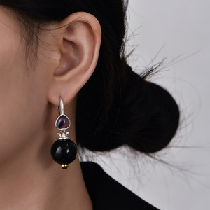 s925纯银时尚夸张镶嵌圆球黑玛瑙耳夹女个性设计紫色爱心水晶耳环
