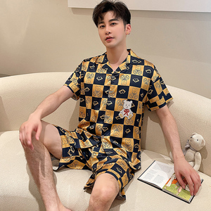 轻奢an&lv/岸绿睡衣男夏季青少年学生薄款短袖短裤开衫冰丝男士仿