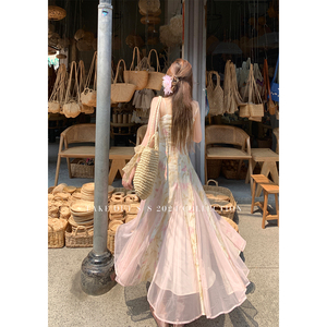 外卖到了【蝴蝶花园】印花设计仙女长裙女春夏新款粉色吊带连衣裙