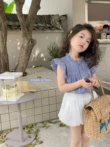 女童韩版衬衣2024夏季新款女童复古可爱透气小木耳边格子娃娃衬衣