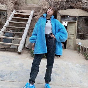 虞书欣同款蓝色羊羔毛棉服外套女冬季加厚中长款宽松百搭棉袄棉衣