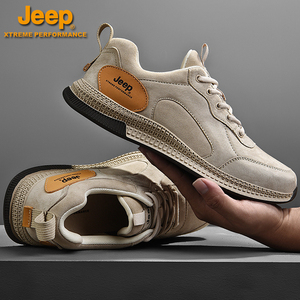 jeep男鞋2021春季新款休闲鞋男士潮流运动鞋皮面百搭透气真皮鞋子
