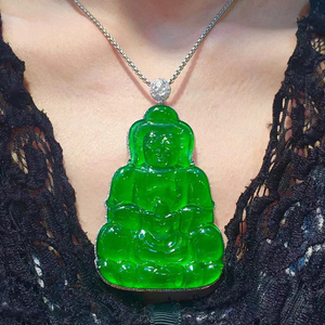 天然a货翡翠观音吊坠满绿玉佛阳绿冰种帝王绿18k金珠宝 付尾款