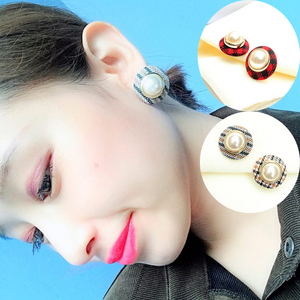 韩国进口格子布珍珠纽扣耳钉欧美秋冬珍珠大圆形纽扣耳饰耳钉耳环