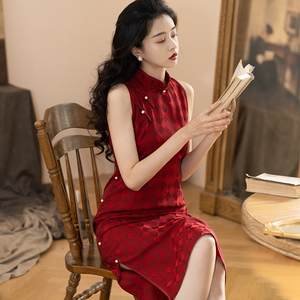 花笑汝《山楂糕》红色无袖修身短开叉长旗袍复古斜襟少女夏季新款