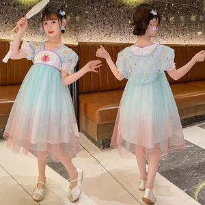 中国风小女孩绣花飘逸汉服裙夏装新款洋气女大童民族风披肩连衣裙