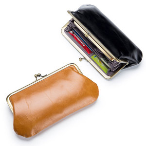 新款真皮复古长款夹子包多功能横款钱包大容量简约手拿口金收纳包