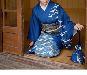 【出租】限时赏味宝蓝色仙鹤海浪复古少女和风浴衣改良和服
