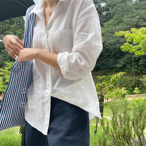 法式棉麻防晒白色衬衫女长袖薄款宽松外搭韩版衬衣天丝亚麻上衣夏