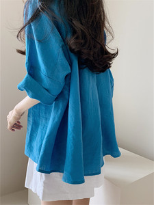 棉麻蝙蝠袖上衣女夏韩版宽松遮肚子亚麻娃娃衫高腰设计感小众衬衫