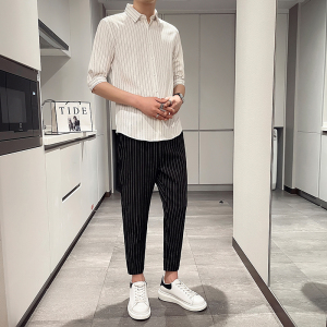 轻熟风一套装男秋季潮牌条纹长袖衬衫搭配九分裤大码商务两件套