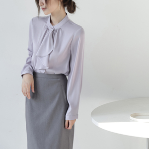 MZOMXO法式优雅设计飘带领结春季紫色长袖衬衫女气质通勤职场衬衣