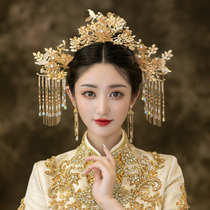 新娘头饰新款中式凤冠金色流苏古装秀禾服龙凤褂婚礼发饰品悦柠