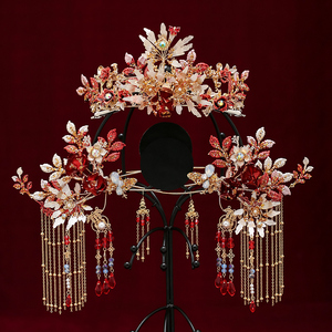 新娘红色中式秀禾服结婚头饰古典长流苏凤冠古代婚礼发饰品珂芮