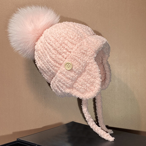 儿童护耳帽子女童宝宝加绒保暖可爱白色雷锋帽秋冬季毛球针织帽