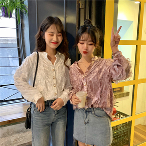 果果家女装店铺闺蜜装很仙的上衣百搭洋气时尚丝绒衬衫甜美馨依xy
