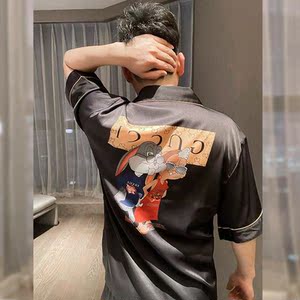 年古驰正正品睡衣男夏短袖短裤冰丝黑色卡通家居服套装夏季潮高端