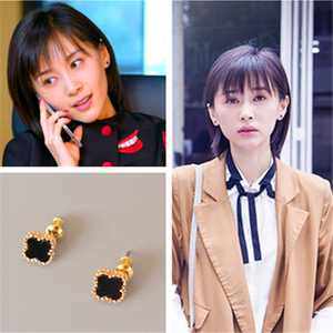 满包邮欢乐颂王子文同款韩版女神款黑色四叶草耳钉防过敏耳环耳饰