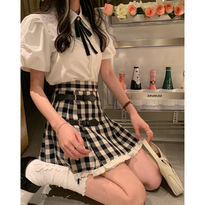 黑白格子半身裙女夏季薄款2021年蕾丝a字不规则jk百褶裙包臀短裙