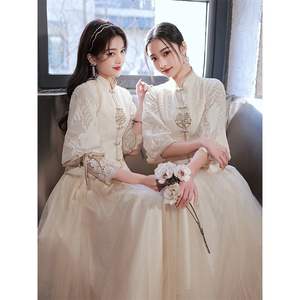中式伴娘服2024新款冬天中国风长袖姐妹服伴娘团礼服裙女小众冬季