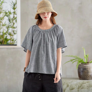 棉麻短袖短款t恤夏复古大码韩版女装休闲宽松显瘦亚麻打底衫上衣