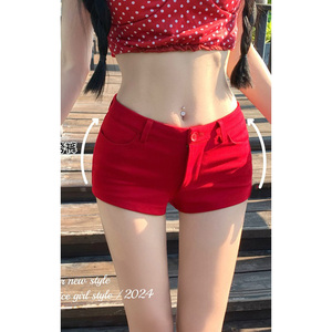 辣妹红色超短裤女夏季性感低腰显瘦裤子小个子直筒阔腿裤包臀热裤
