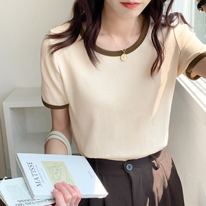 杏色短袖t恤女螺纹显瘦夏季2022新款修身短款半袖体恤针织上衣薄