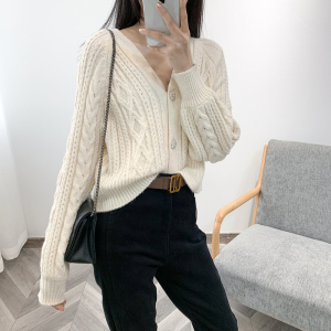gazvw019阿神 2021开春新款!复古毛衣开衫宽松短款扭花针织外套