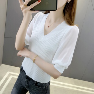白色t恤女短袖2022新款夏薄款v领修身打底上衣短款半袖冰丝针织衫