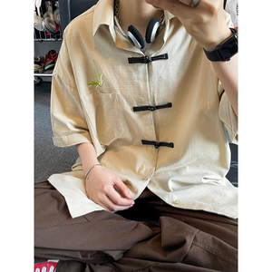 新中式国风盘扣衬衫男款短袖潮牌夏季高级感刺绣衬衣唐装道袍外套