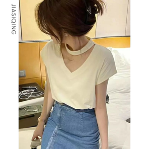 纯棉白色韩式短袖T恤女夏季新款锁骨V领别致独特高级感挂脖上衣服