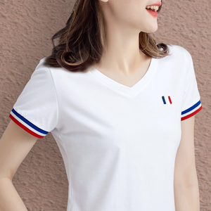 短袖纯棉v领t恤女修身白色t桖2024年新款夏季薄款时尚名牌体恤衫