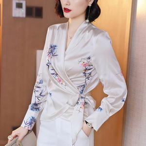 白色真丝衬衫2020新款春夏复古重磅印花女士上衣气质v领长袖衬衣