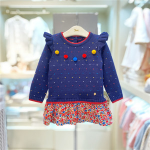 打折ettoi小飞马韩国专柜代购冬季1女童韩版拼接裙边针织毛衣1543