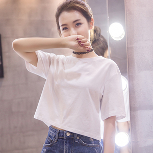 露脐白色短款t恤女韩版上衣短袖夏季宽松简约高腰漏肚脐体恤学生