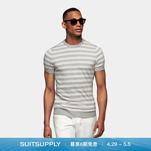 夏季SUITSUPPLY灰色棉丝混纺条纹圆领男士短袖T恤针织衫