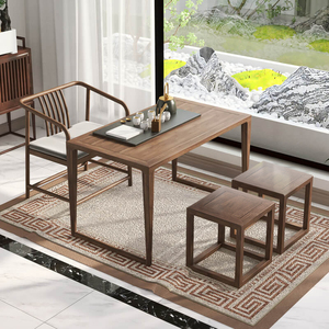 阳台茶桌椅组合新中式实木茶桌家用小茶台黑胡桃木小户型茶桌简约