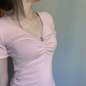 粉色与fafa 上身绝美显胸大v领短袖上衣紧身纯欲茶里茶气软妹t恤