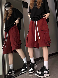 美式红色工装短裤女夏季宽松显瘦多口袋休闲裤子设计感五分裤中裤