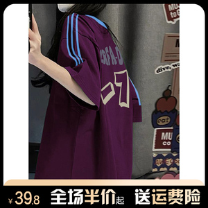 纯棉美式复古三条杠短袖t恤女夏季宽松设计感独特别致紫色上衣服