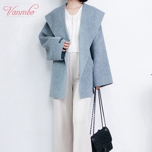 vanmbo毛呢外套女时尚大领子双面羊绒2018秋季新款中长款休闲大衣