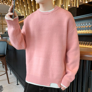 青少年假两件粉色毛衣男春秋冬季韩版潮流加绒厚款男士打底针织衫