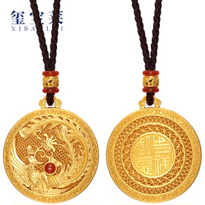 玺宝莱黄金吊坠凤飞九天足金99古法金手工掐丝吉祥如意凤牌坠子