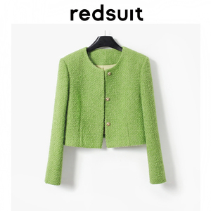 redsuit 高定圆领清新绿色小香风粗花呢编织短款外套显白通勤上衣