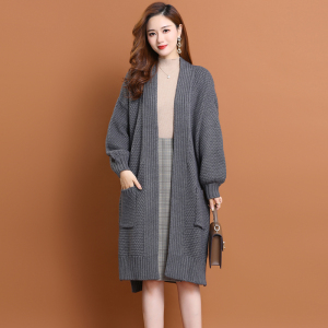 女士针织开衫中长款加厚秋冬2021年新款纯色粗线大衣外搭毛衣外套