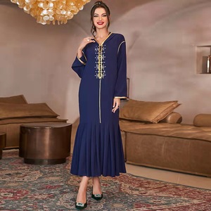 藏蓝阿拉伯时尚手工订珠百褶连衣裙大码民族风印度礼服摩洛哥服装