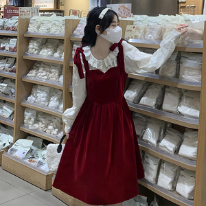 红色丝绒吊带连衣裙女秋冬初高中学生新年过年本命年背带裙两件套
